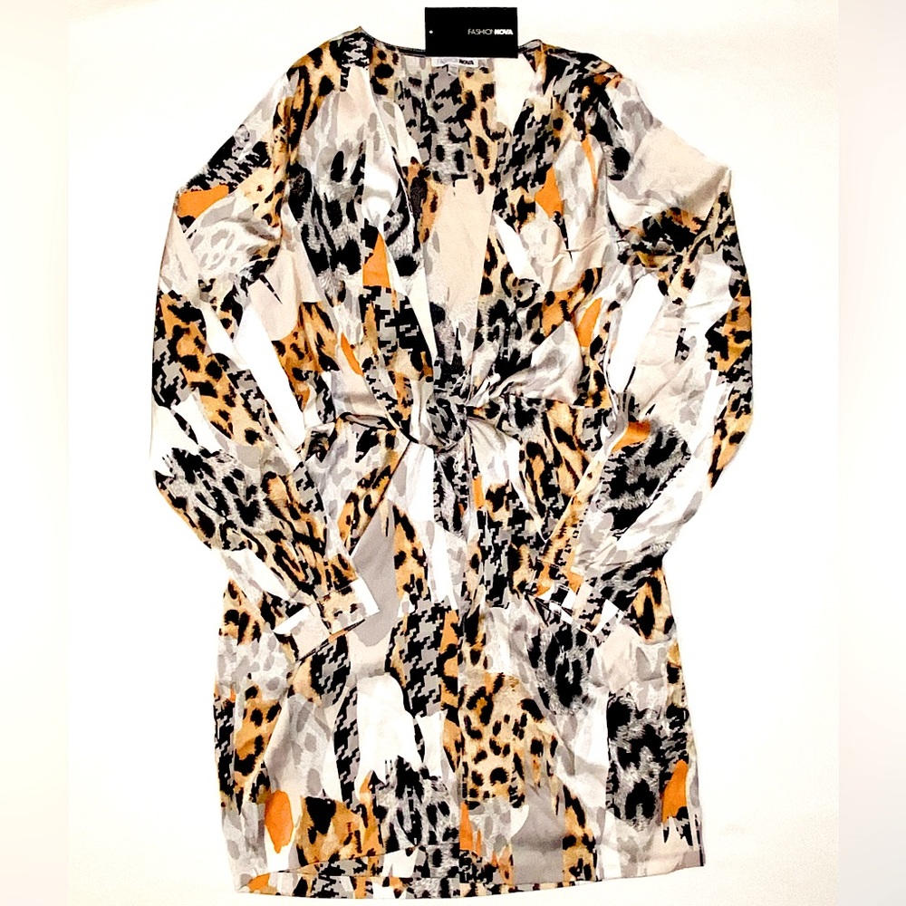FASHION NOVA animal print satin wrap long sleeve minidress